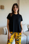 Women summer pajama set Oversized Black shirt + Leaves Pattern Pants